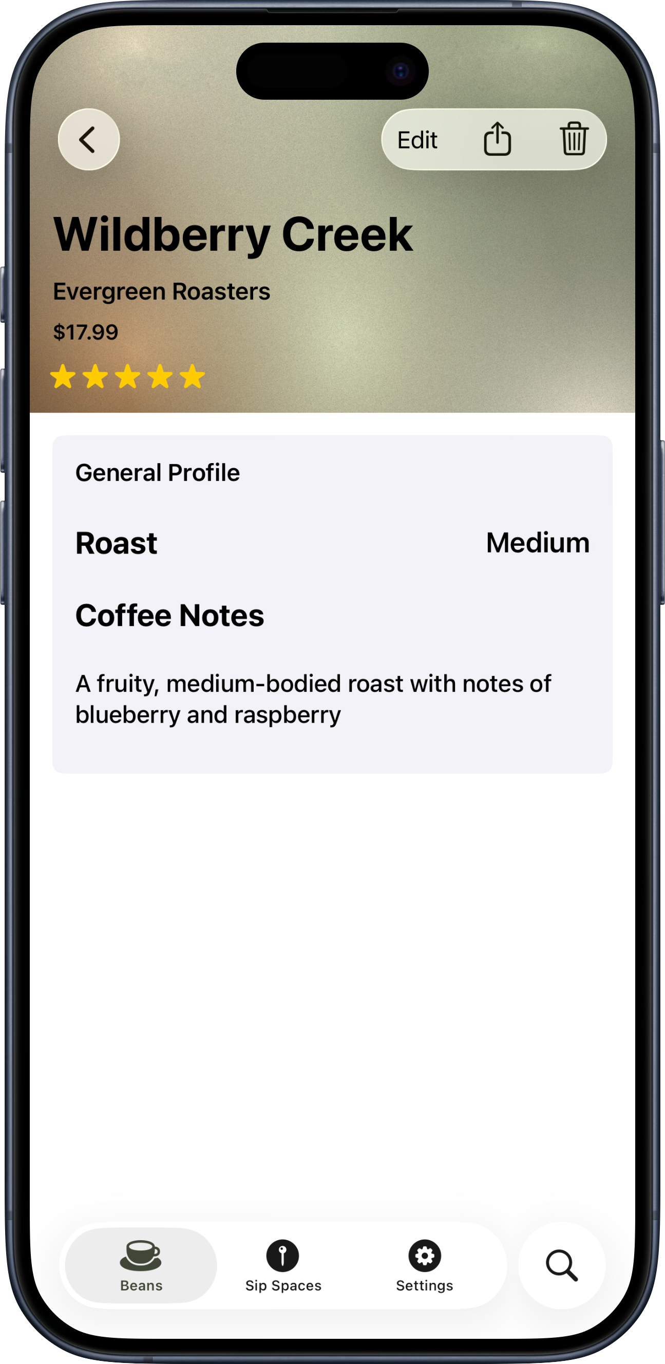 Coffee bean detail — Wildberry Creek, Evergreen Roasters, five stars.