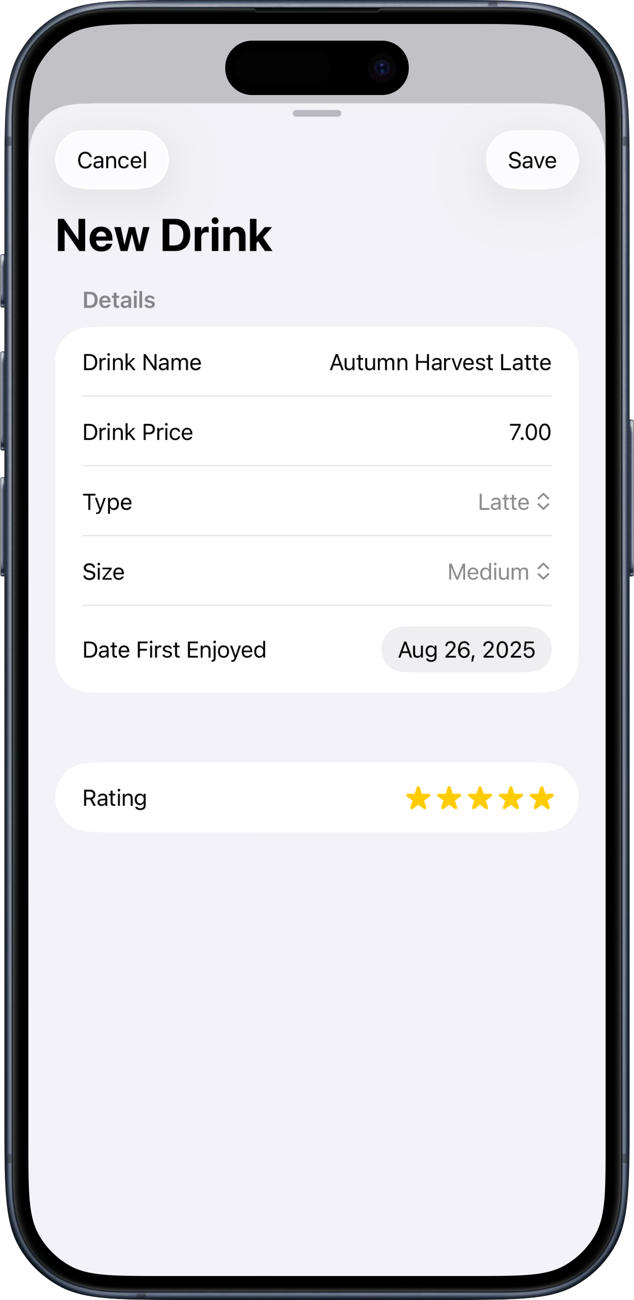 New Drink form — Autumn Harvest Latte, $7.00, five stars.